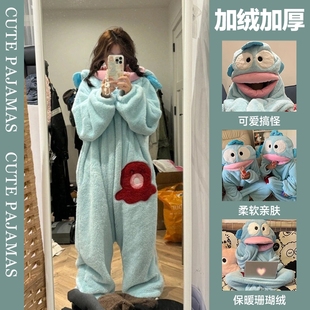 小丑鱼睡衣连体女珊瑚绒加厚保暖秋冬季 卡通大嘴鱼搞怪家居服睡袍