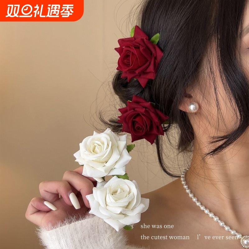 田曦薇同款红色玫瑰花发夹法式复古花朵发卡侧边鸭嘴夹头饰发饰女