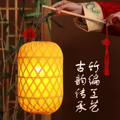 竹编灯笼手提汉服手持物夜景拍照影视道具中式冬瓜形发光古风灯罩
