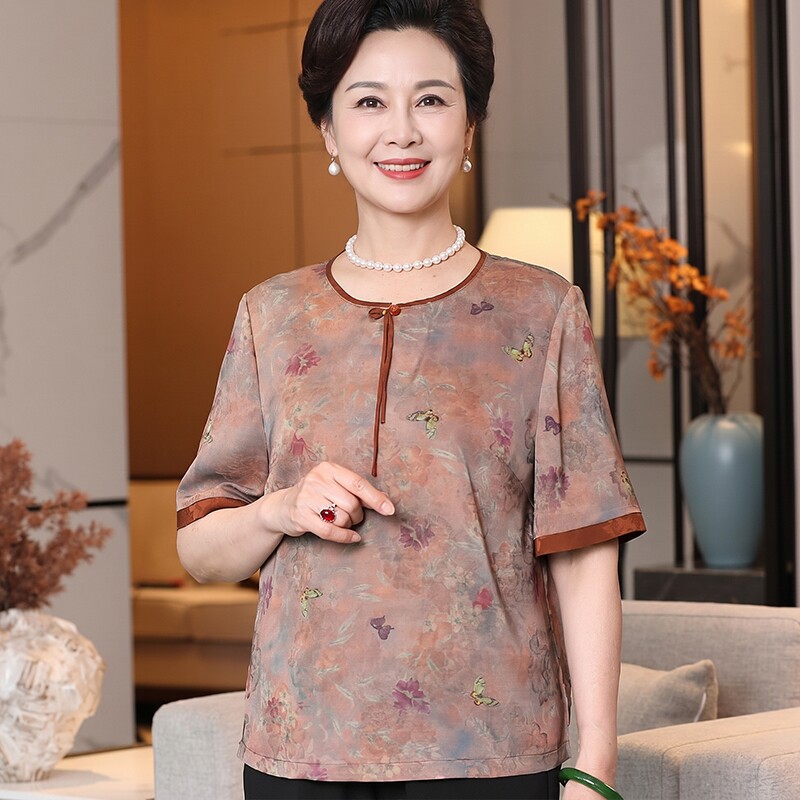 中老年新中式夏季T恤衫女款妈妈国风套装老人奶奶夏装上衣服薄款