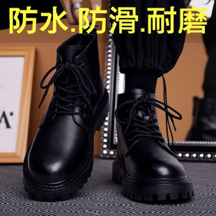 马丁靴男款高帮夏季英伦复古中帮皮鞋增高防滑防水纯黑工装鞋圆头