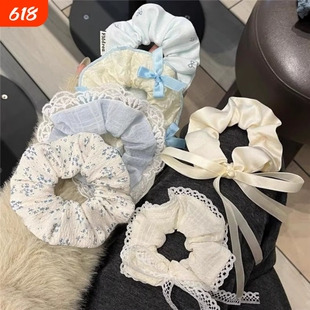 甜韩系波点大肠发圈蕾带蝴蝶结花边头绳发绳少女发饰褶皱蓝色系