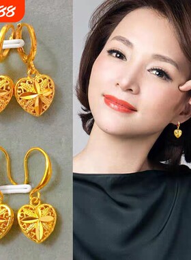 香港免税黄金色耳环女中老年人桃心耳钩耳坠耳饰纯真耳钉送妈妈