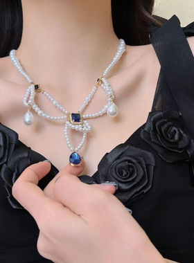 古风汉服仿珍珠多层蓝色宝石项链女复古宫廷风锁骨链敦煌配饰百搭