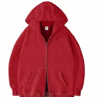 2026春秋女式男式拉链连帽衫超大厚重运动衫复古清仓红色