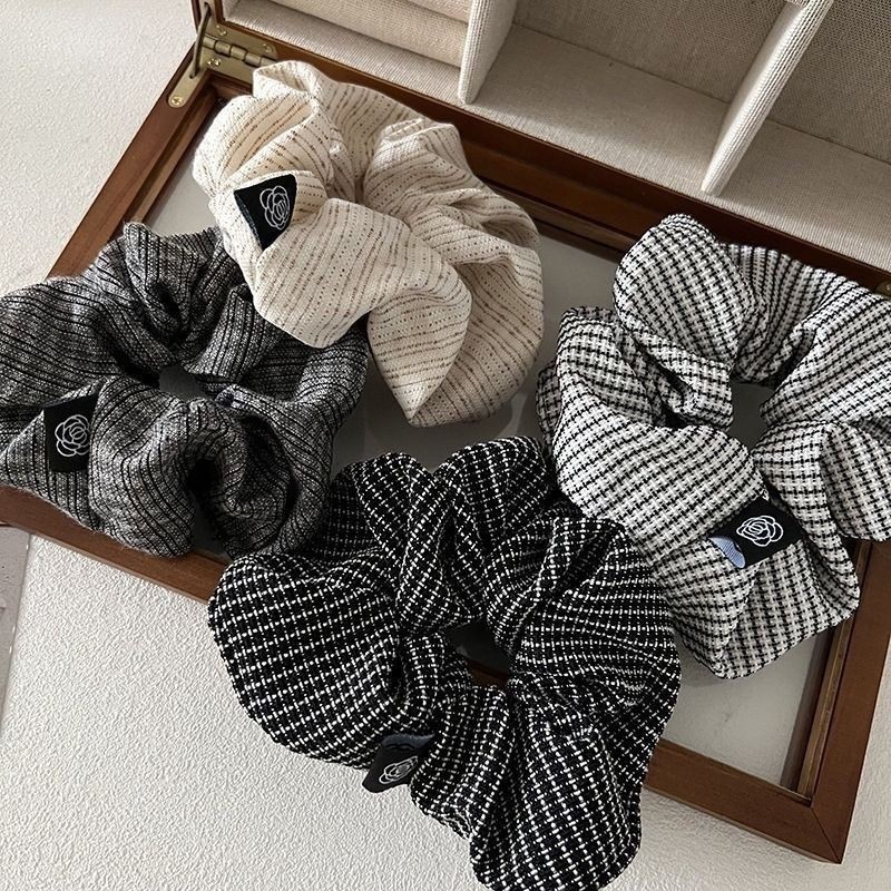 新款法式优雅气质大肠发圈复古格纹褶皱发绳韩版网红发饰女山茶花