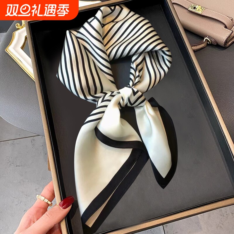 发带小方巾小丝巾女小长条高级感包头巾法式绑包搭条纹黑色中国风