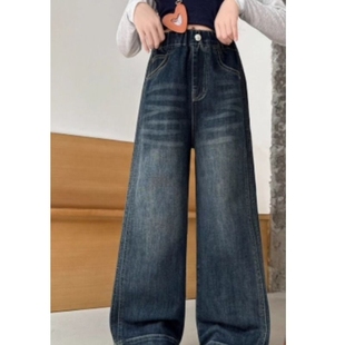 女大童裤 冬季 中大童直筒宽松阔腿裤 女童加绒加厚牛仔裤 子A51 新款