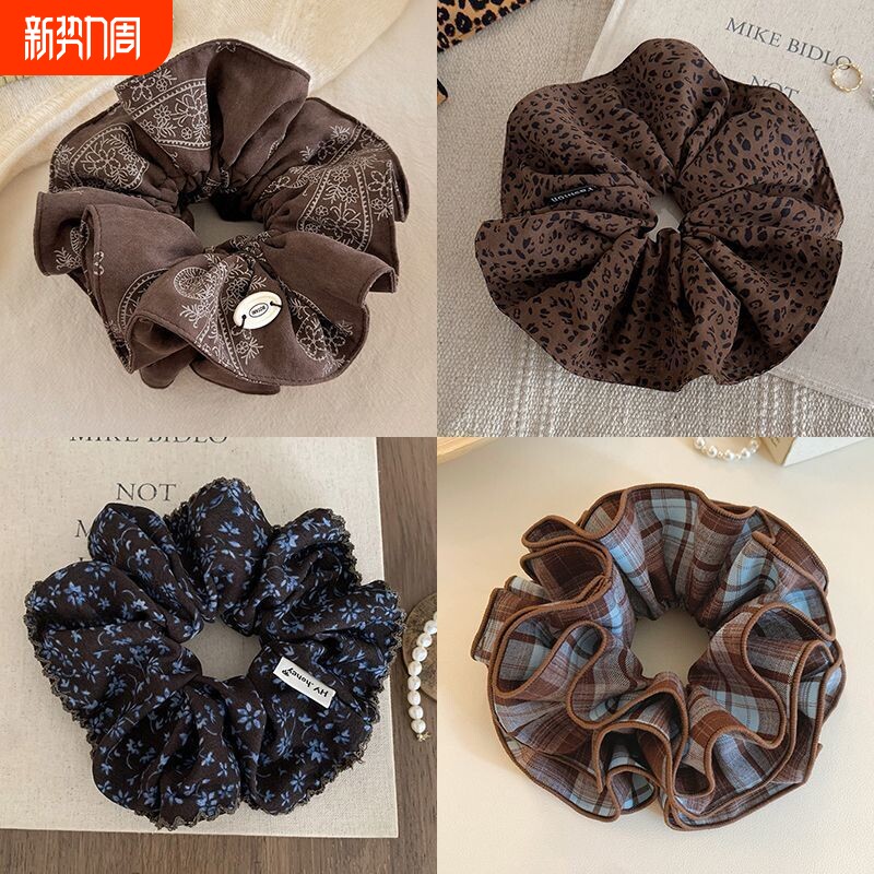 咖啡色布艺双层大肠发圈女韩系复古印花扎头发丸子头发绳气质发饰