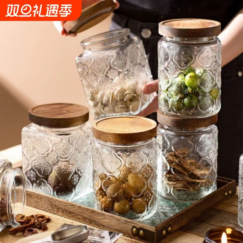 中式复古雕花玻璃密封罐糖果零食收纳瓶坚果储存罐黄桃罐头瓶