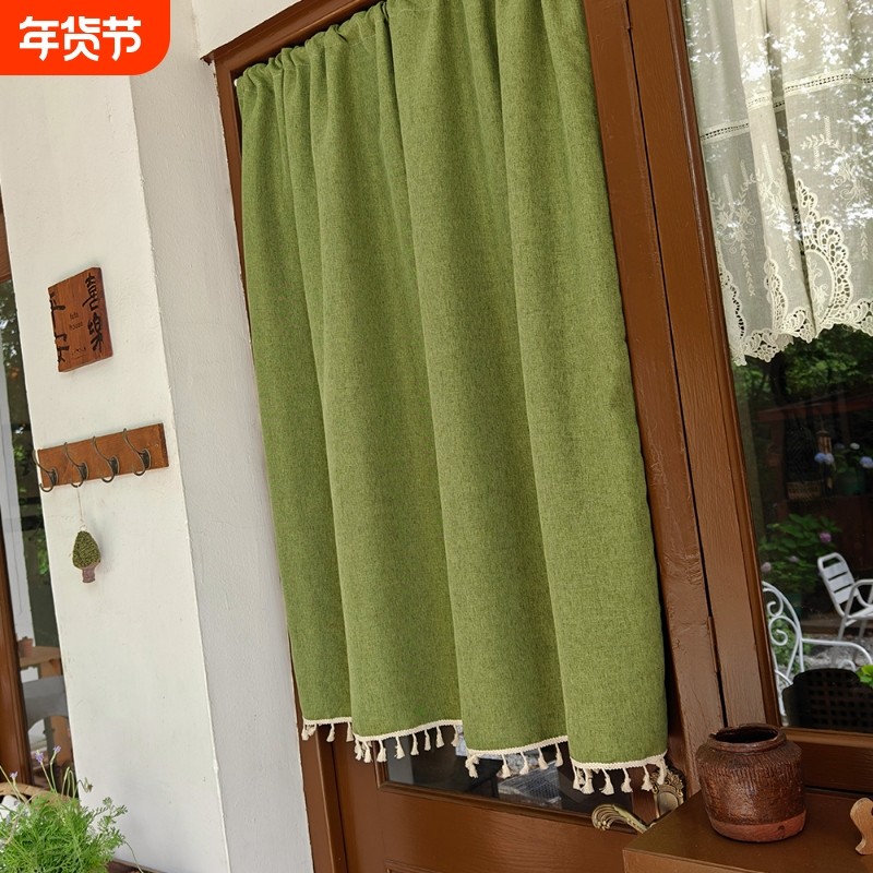 门帘半截式免打孔棉麻风半帘隔断帘日式遮挡帘卧室厨房伸缩杆窗帘