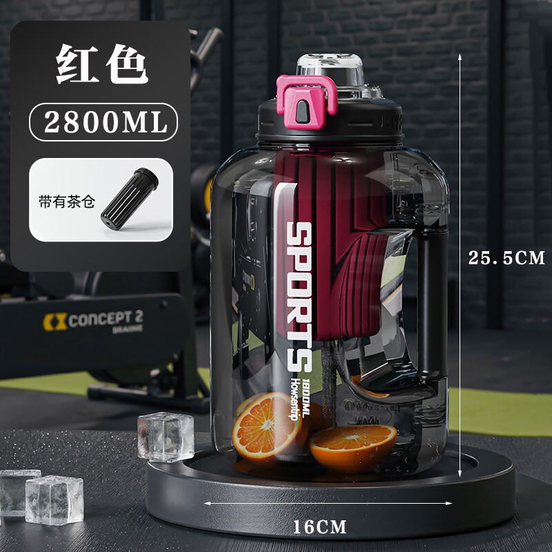浦司 水杯大容量吨吨桶 实心把手+茶仓 2800ML红色*1