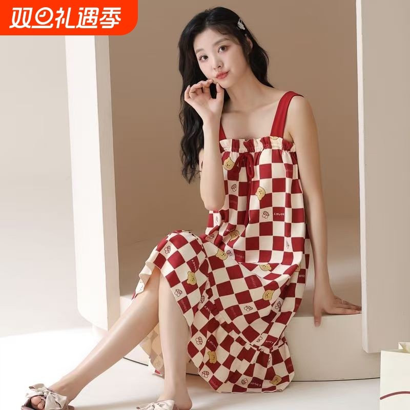 吊带睡裙女士夏季天薄款带胸垫可爱女生中长款睡衣家居服格子印花