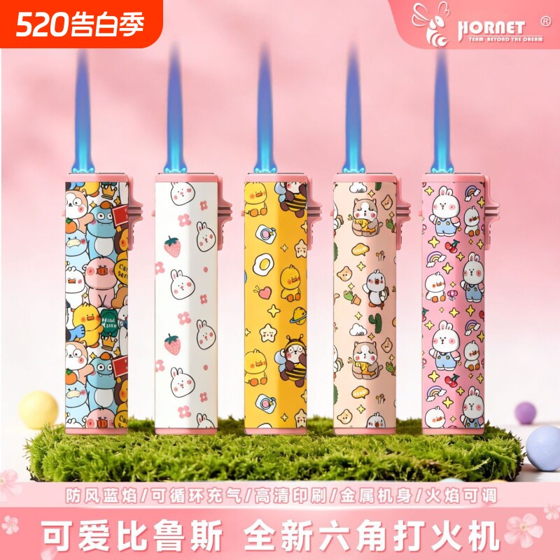 防风打火机网红比鲁斯可爱卡通六角金属防爆蓝焰充气个性创意火机