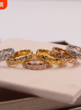 经典小香风菱格纹戒指 宽窄版镶钻光面ins冷淡风时尚个性情侣指环