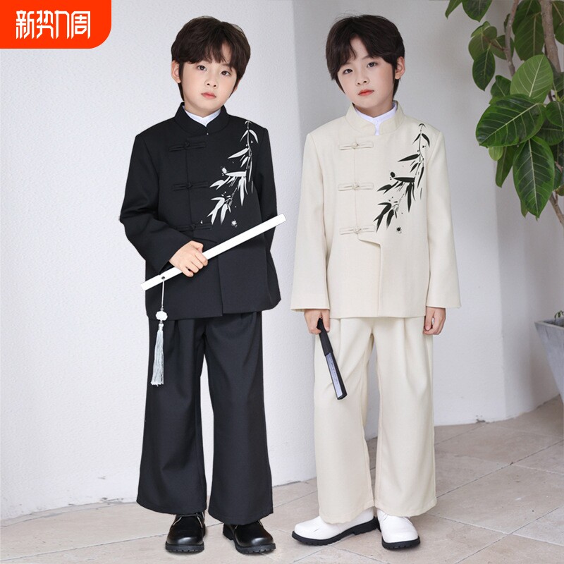 男童新中式礼服水墨竹子印花盘扣中山装外套儿童国风立领西服唐装