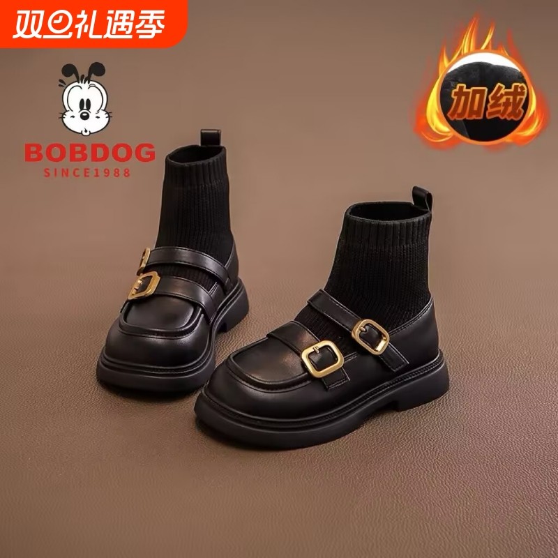 巴布豆女童鞋秋冬款新款2025防滑儿童靴子袜靴短靴棉鞋公主鞋防水