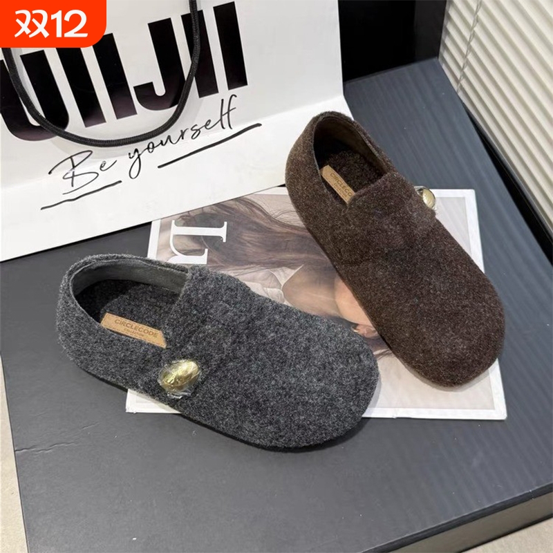 勃肯鞋子女瓢鞋2025年秋冬加绒保暖毛呢内增高乐福鞋灰色毛绒磨砂