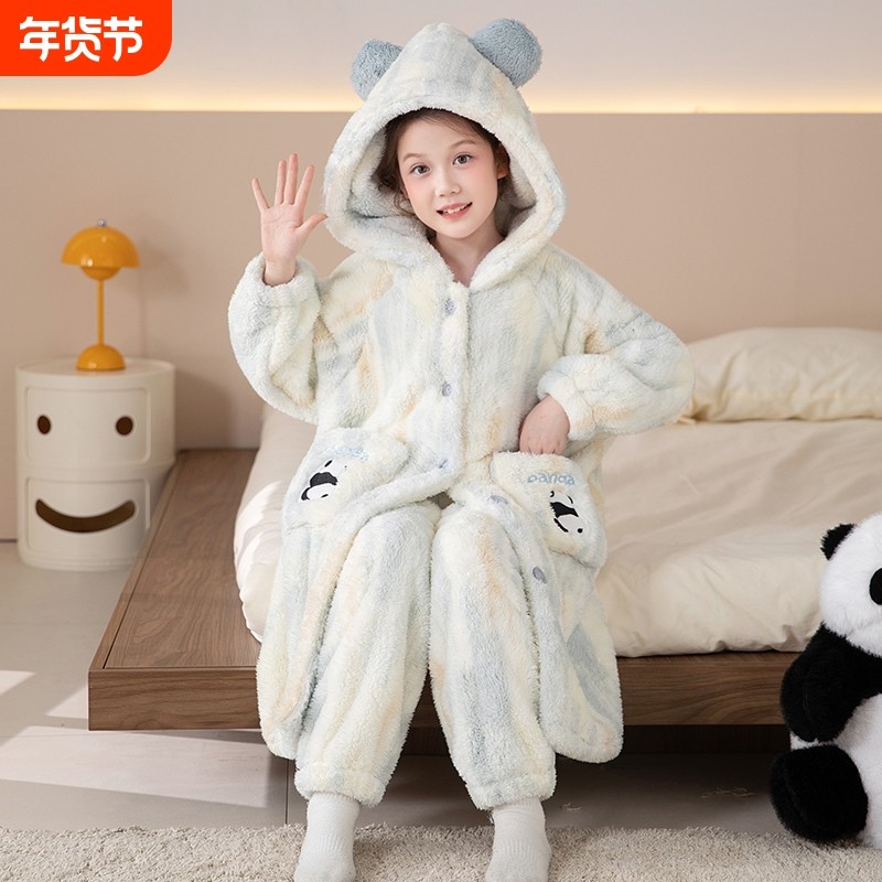 女童睡衣2025秋冬季珊瑚绒加厚保暖熊猫儿童法兰绒睡袍家居服居家,童装/婴儿装/亲子装,家居服套装,淘宝优惠券,粉丝福利购,淘宝优惠卷