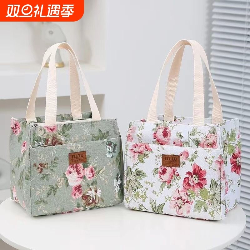 新款帆布包时尚轻便手提包手拎外出上班带饭便当包铝箔保温层饭盒