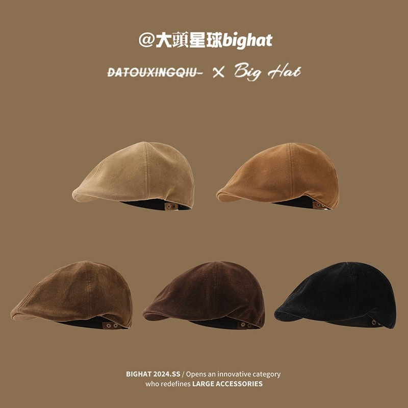 前进帽大头围女美式复古麂皮绒宽帽檐报童帽子秋冬季显脸小贝雷帽