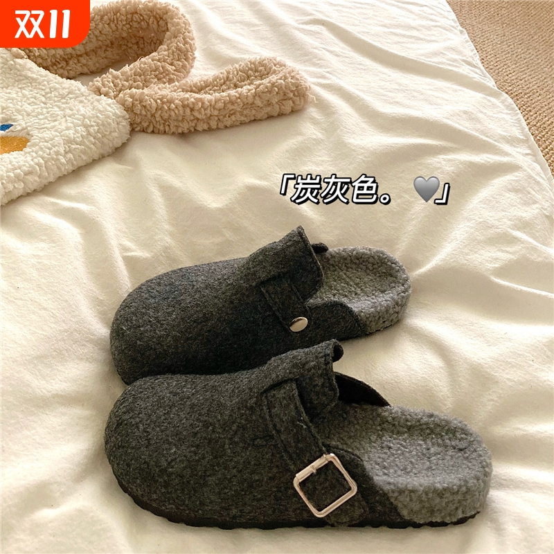 毛呢奶奶灰~！自留ins保暖外穿毛呢勃肯拖鞋女秋冬加绒毛毛棉拖鞋