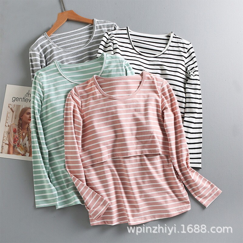 孕妇装哺乳睡衣外出月子服秋冬长袖上衣上掀喂奶带胸垫可拆卸