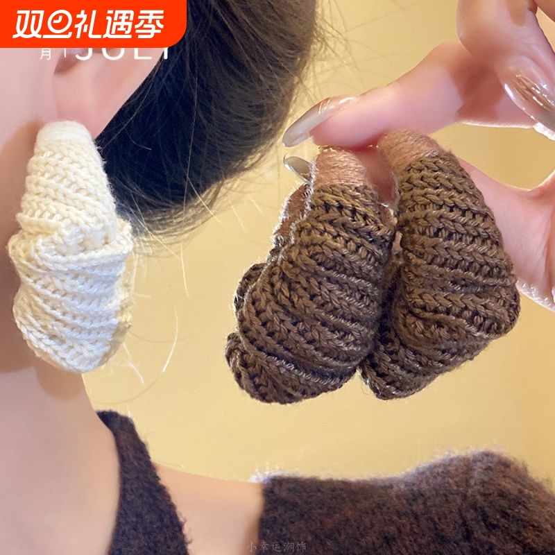 慵懒风咖棕耳钉轻奢高级耳环女毛线针织圈圆夸张耳圈复古秋冬耳饰