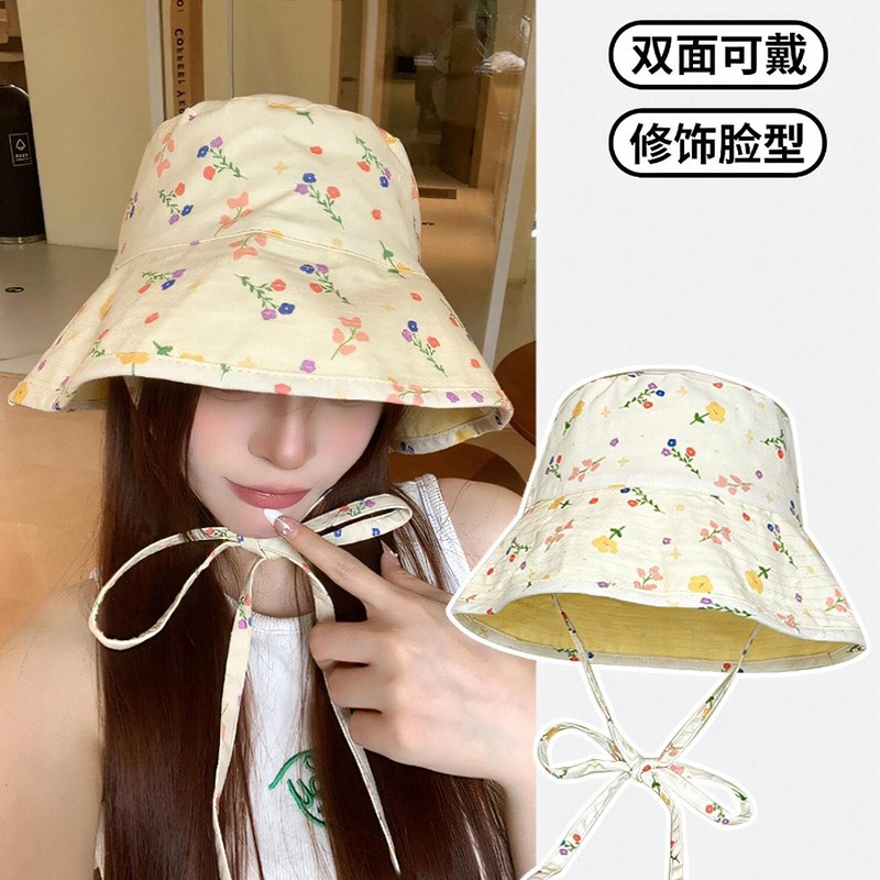 2025年双面夏季大帽檐遮阳日系渔夫帽女可爱甜美防晒碎花帽子显脸