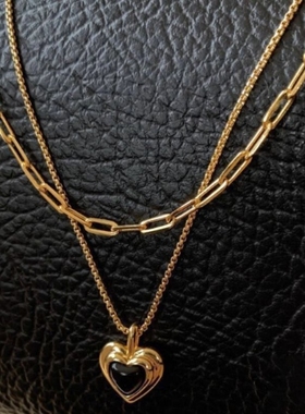 复古黑色爱心ins双层叠戴项链女老钱风双层锁骨链轻奢金色配饰
