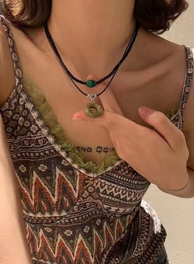 新中式复古天然石圆环吊坠锁骨链潮双层中古手作绿色平安扣项链女