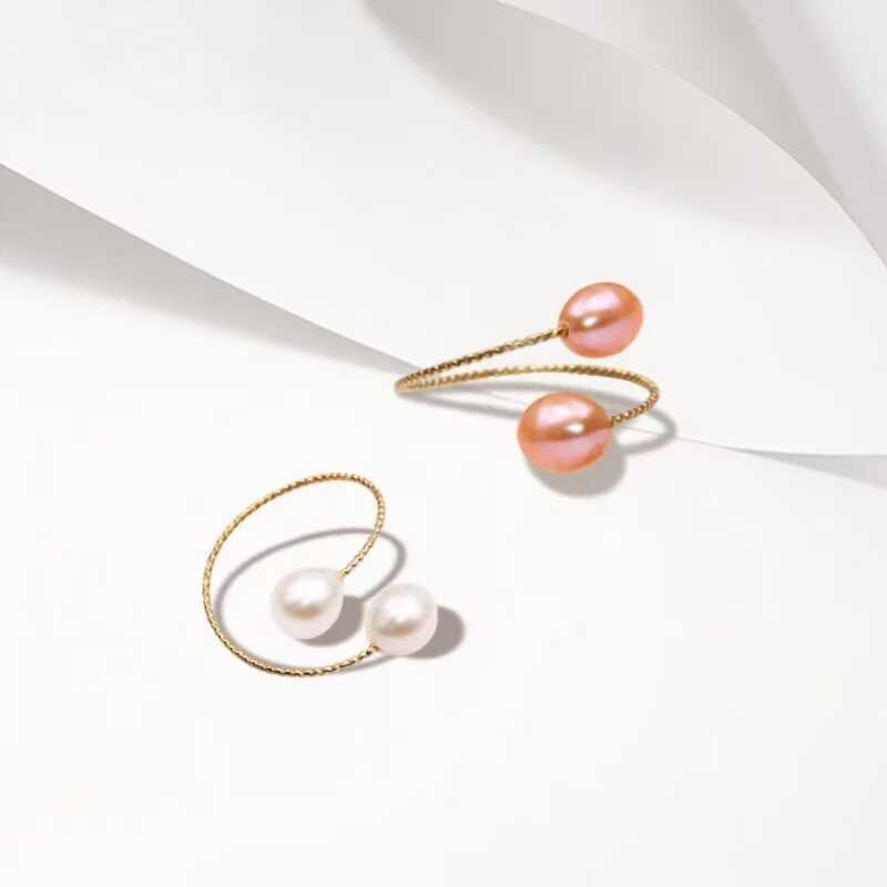 诸暨淡水珍珠小米水滴型弹力双珠戒指简约时尚开口可调节弹力指环