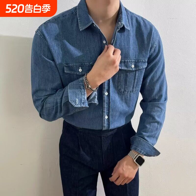 牛仔衬衫男韩版潮流ins宽松帅气百搭长袖衬衣港风外套春秋季寸衫