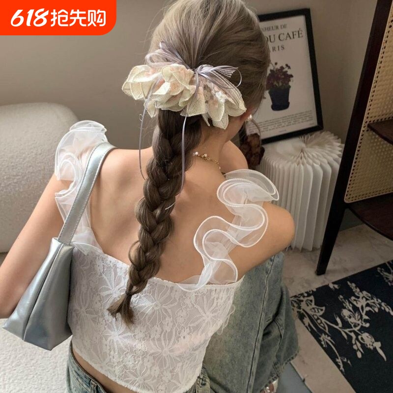 【万物复苏】韩国设计师款蕾丝边树叶刺绣高级感蝴蝶结弹簧夹发夹