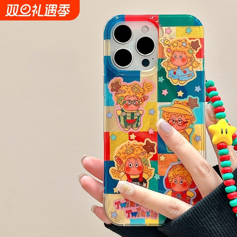 卡通彩色格纹星星小人适用苹果16promax手机壳iPhone1