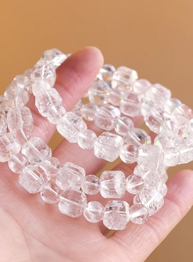 直播供货天然白水晶方糖手链女白水晶圆珠手串白水晶方形手链批发