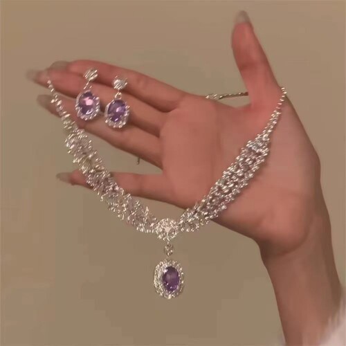 暮色紫色水滴锆石项链女轻奢晚礼服锁骨链高级感颈链配饰花朵宫廷