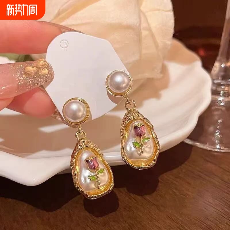 莫奈花园巴洛克珍珠耳环紫色油画风耳钉女小众复古金色耳饰流苏