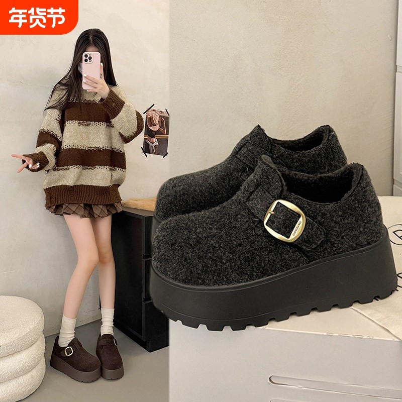厚底灰色毛呢全包加绒勃肯鞋女2025冬季新款小个子增高一脚蹬棉鞋,女鞋,勃肯鞋/软木鞋,淘宝优惠券,粉丝福利购,淘宝优惠卷