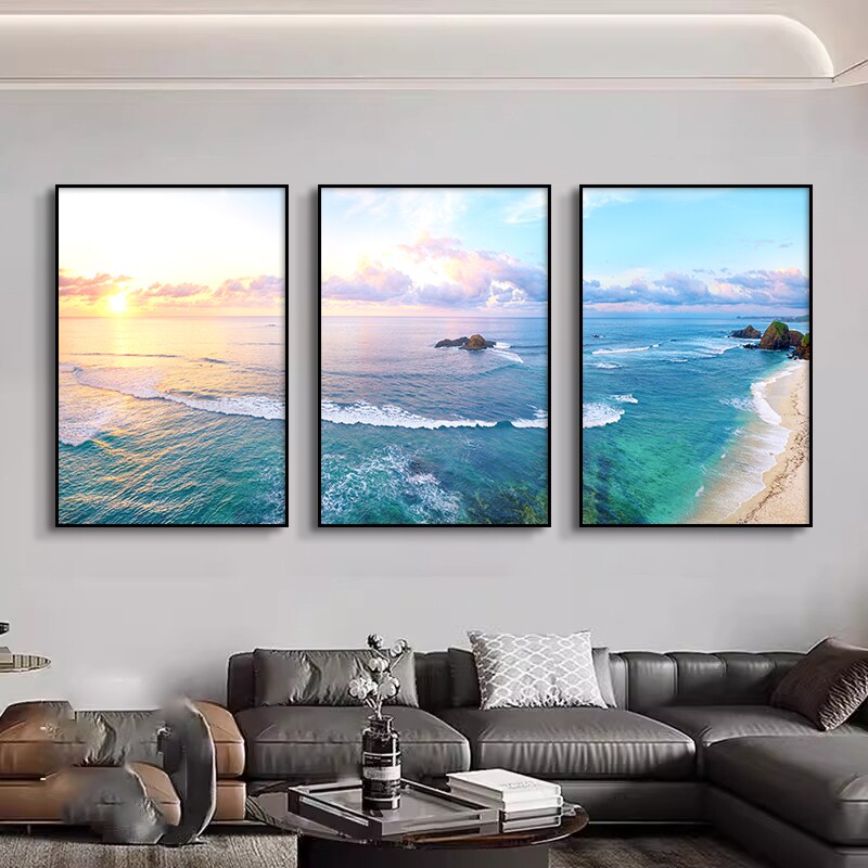 现代简约客厅装饰画大海三联画高档寓意好挂画沙发背景墙壁画防水