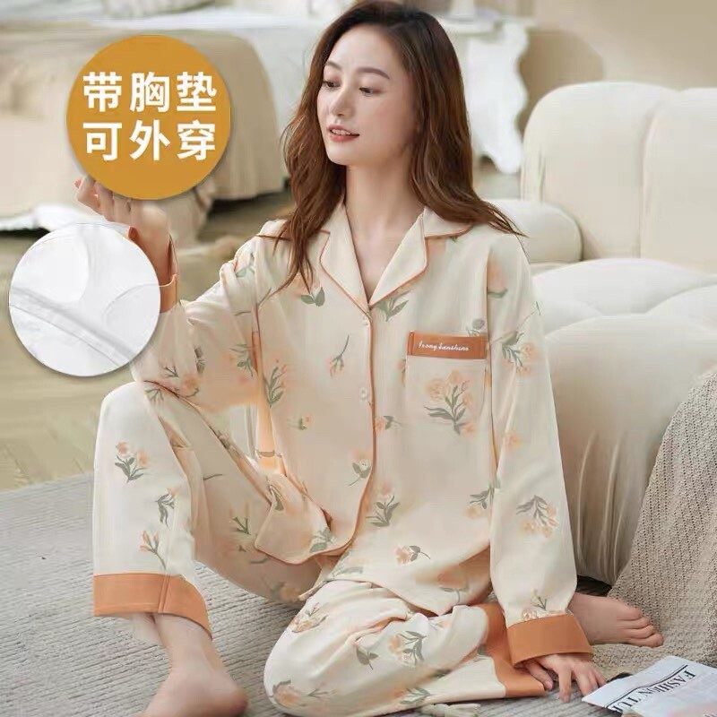 纯棉带胸垫居家睡衣女春秋季长袖长裤可外穿韩范家居服薄款两件套图片