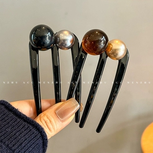 气质u型三齿珠珠发簪2025新款高端高级感簪子新中式盘发发钗头饰