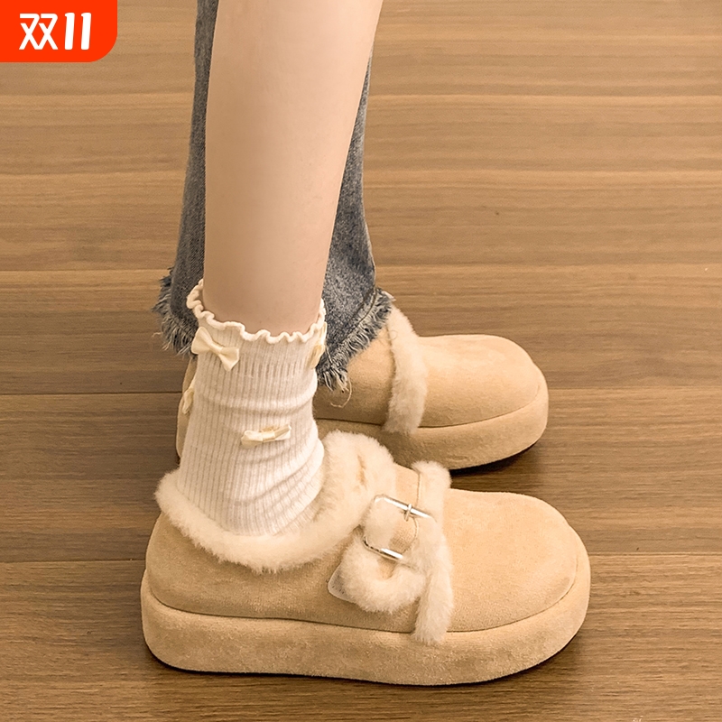 白色加绒加厚厚底棉鞋女款2025新款冬季增高保暖毛毛勃肯雪地靴子