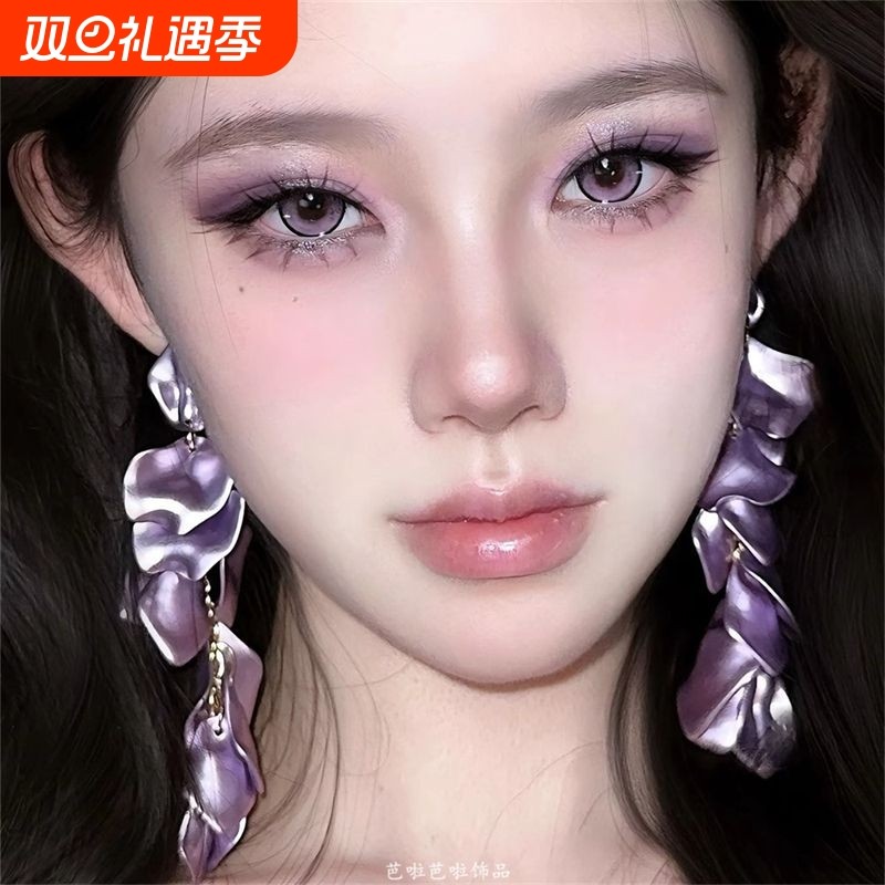 紫色玫瑰花瓣耳环女耳夹个性夸张气质长款耳坠小众耳钉耳饰流苏