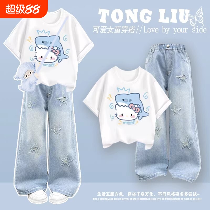 女童纯棉短袖牛仔裤一整套装洋气时髦初中生阔腿裤超好看蓝色夏装