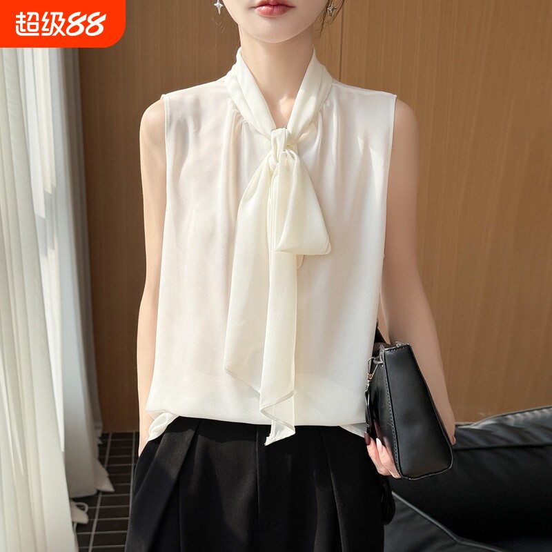 白色雪纺无袖背心女外穿高级感夏季西装内搭打底衫蝴蝶结衬衫上衣