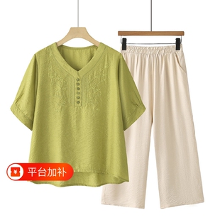 2026新款妈妈装夏装套装中老年女装夏季棉麻短袖小衫上衣衬衫开衫