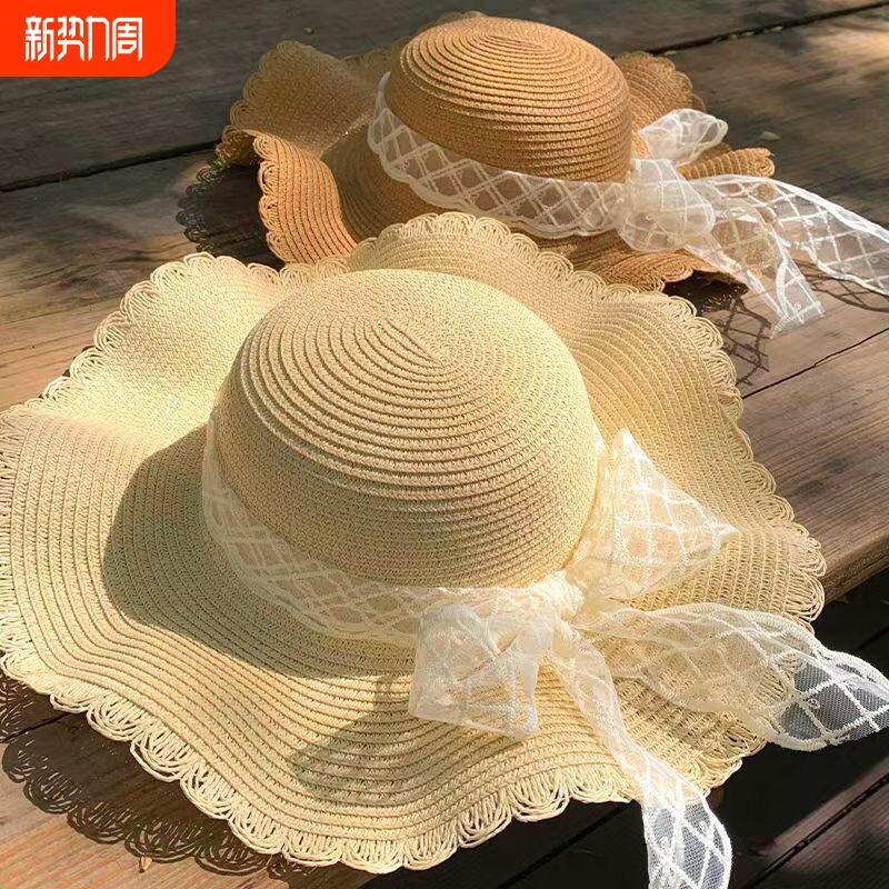 波浪夏季蕾丝太阳帽防晒蝴蝶结遮阳草帽帽檐度假沙滩海边遮阳帽