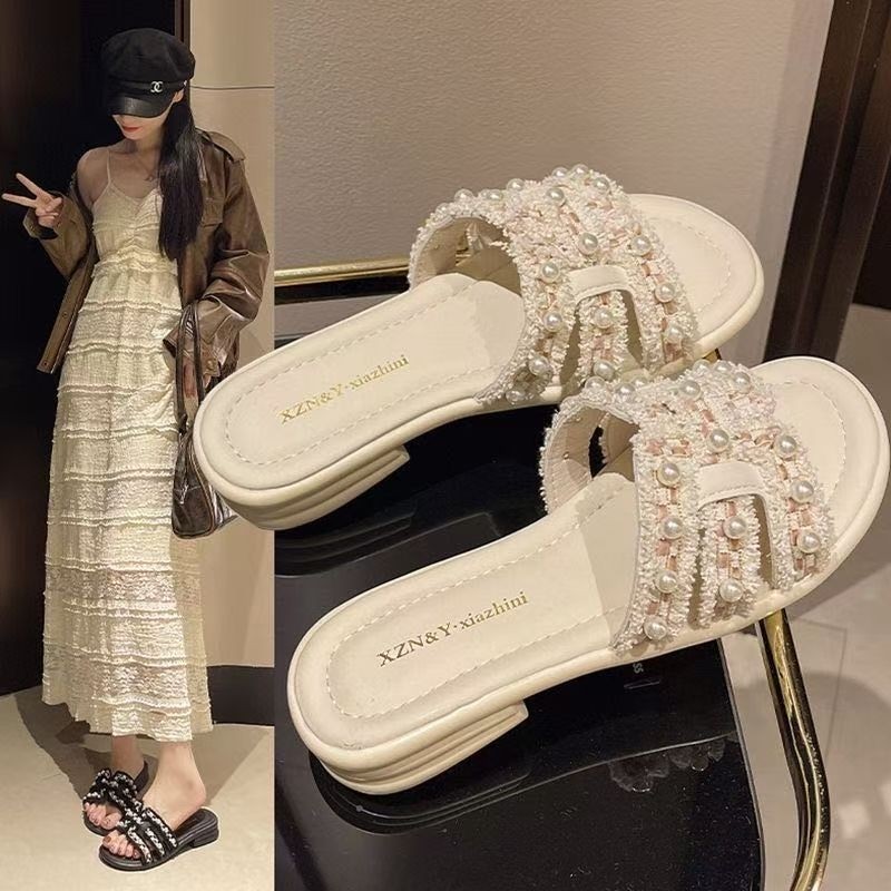 2025年夏季一字拖鞋女外穿珍珠小香风新款韩版仙女风配裙子凉拖鞋