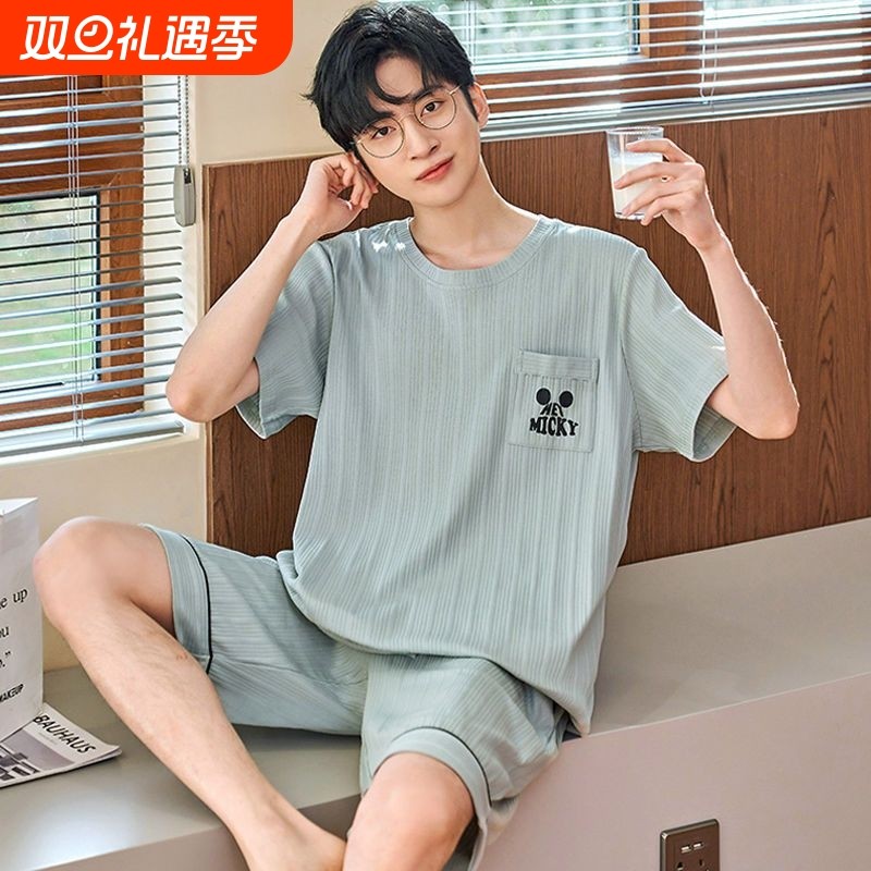 夏季青少年男士睡衣薄款短裤夏天宽松短袖两件套装纯棉家居服可爱